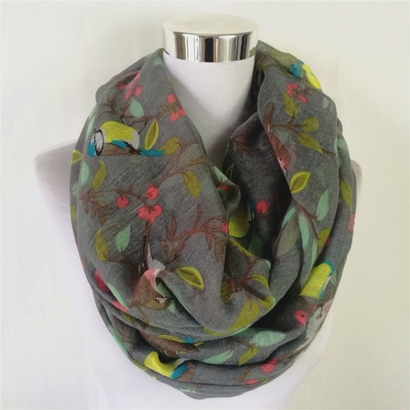 Magpie Bird print Viscose Match Ipek Esarp loop Scarves Flower Infinity Scarf spring Wraps ring scarf for women