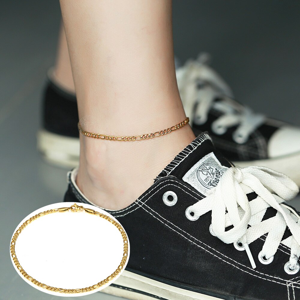 4 styles 3mm Gold Color Stainless Steel Link Chain Anklet for Men Women Rope Figaro Curb Link Leg Chain 10inch KAM01