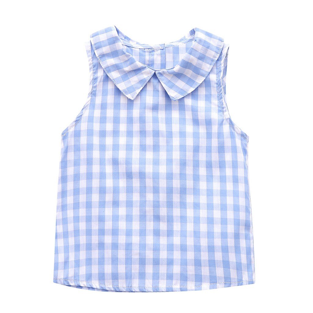 Kinderen Baby Kids Tops O-hals Mouwloze Plaid T Shirts Print Vest Tops Voor Meisjes Zomer Casual Kleding Mouwloos T-shirt: Blauw / 80