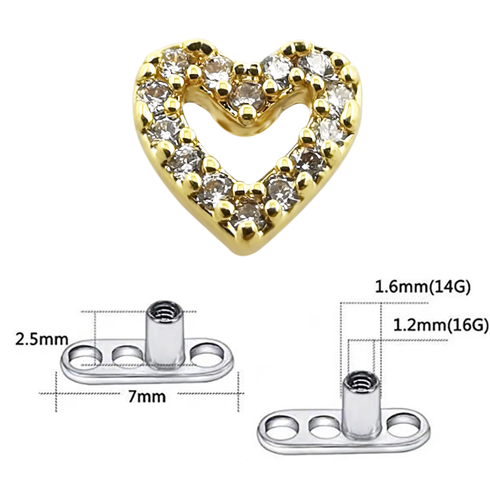 JHJT 1PC Heart Dermal Anchor Top with Titanium Base Micro Dermal Piercings CZ Skin Diver Surface Implants Sexy Jewelry