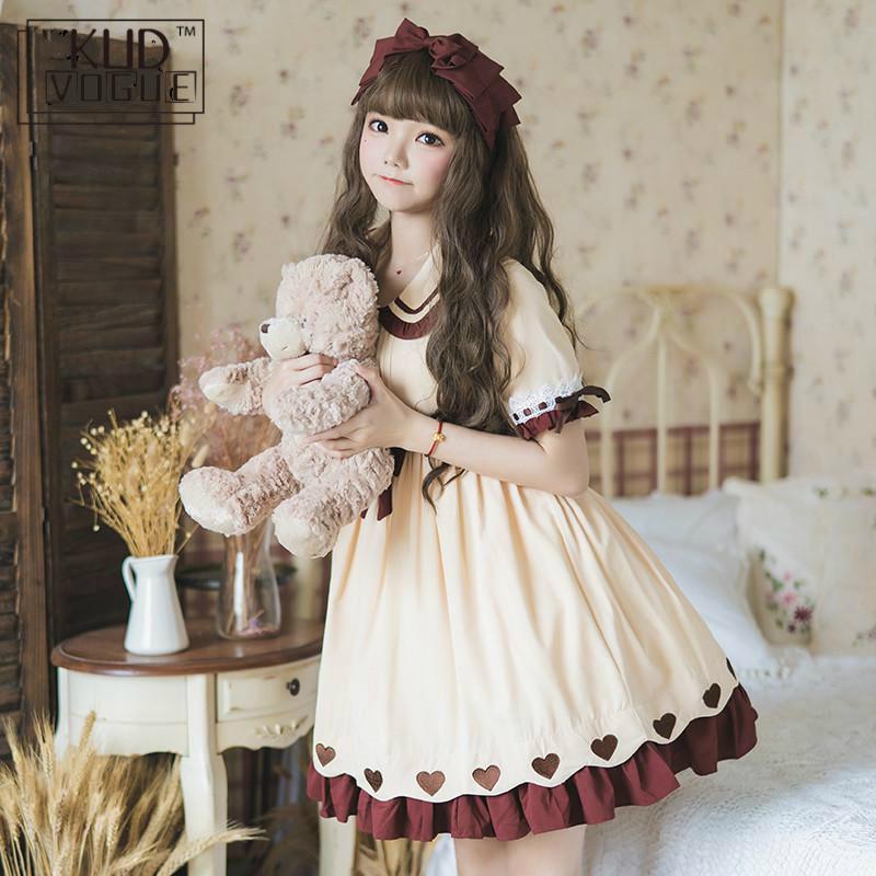 Lolita vintage piger sommer sød rund dukkekrave korte ærmer bånd sløjfer hjerter flæser kvinder fest prinsesse bal kawaii