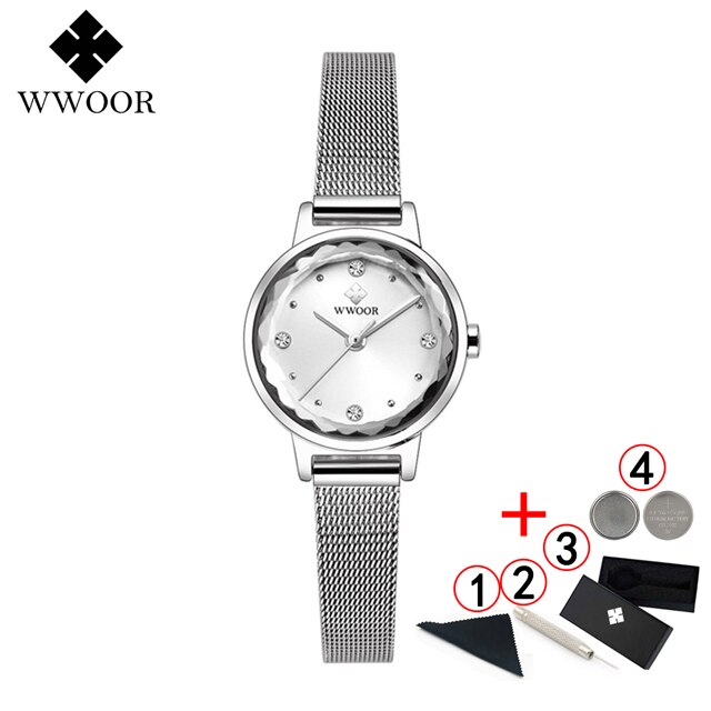 Armbinde Uhren Frauen Luxus WWOOR oben Wasserdichte Stahl Gurt Kristall Damen Handgelenk Uhren Relogio Feminino: voll Silber- Kasten