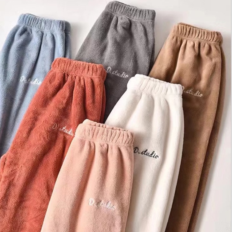 Women Plus Size Cozy Sleep Pants Winter Fleece Sleepwear Long Pants European And American Solid Color Warm Home Sleepwear