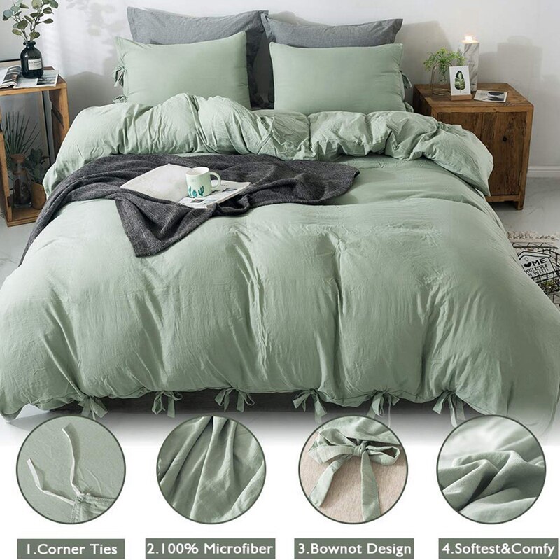 3-- delige gewassen katoenen dekbedovertrek met strik, superzacht dekbedovertrek met strik, beddengoedset