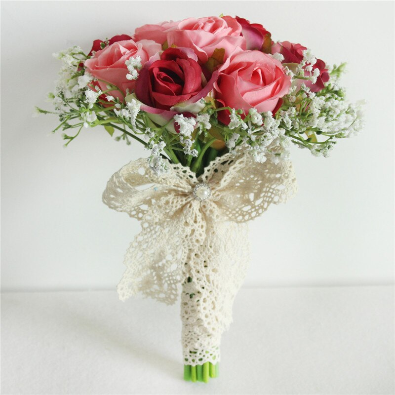 Bouquet de mariage mariée porte-main soie artificielle babyssouffle Rose fleurs dentelle petit Bouquet demoiselles d'honneur mariage décor Flores: Rose-red