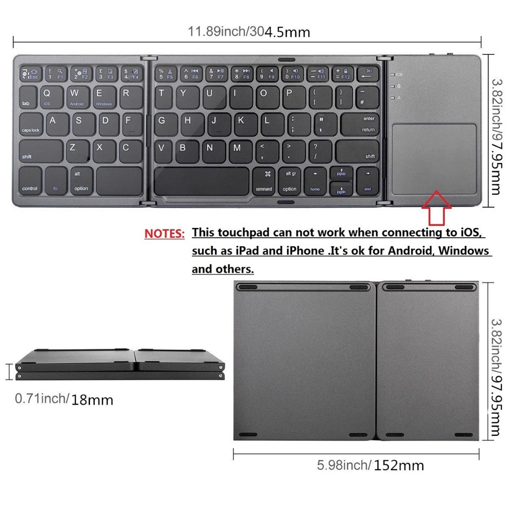 Mini Foldable Touch 3.0 Bluetooth Keyboard For iPhone iPad Samsung Dex Win iOS Android System