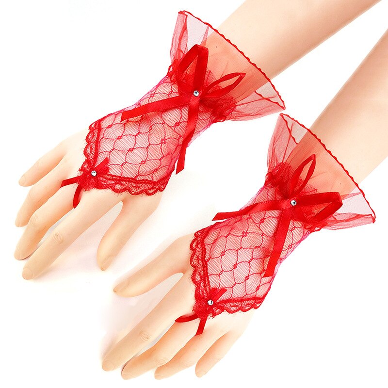 Bow Sleeves Gloves Short Paragraph Lace Clothing Accessories Net Yarn Gloves Dress Half Finger Arm Sleeves Fingerless Gloves: Red