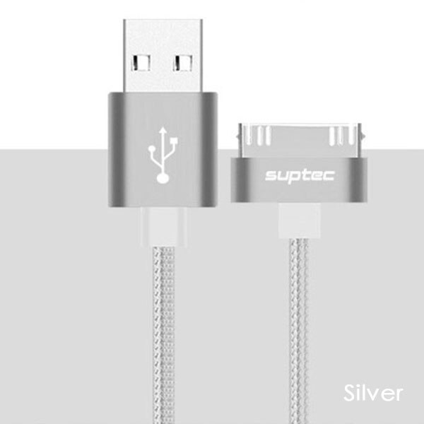 Cable USB SUPTEC para iPhone 4 4s, iPad 2 3, iPod de 30 Pines, Cable cargador de enchufe de Metal para iPhone 4, Cable de nailon para carga, Cable de datos: Silver / 200cm