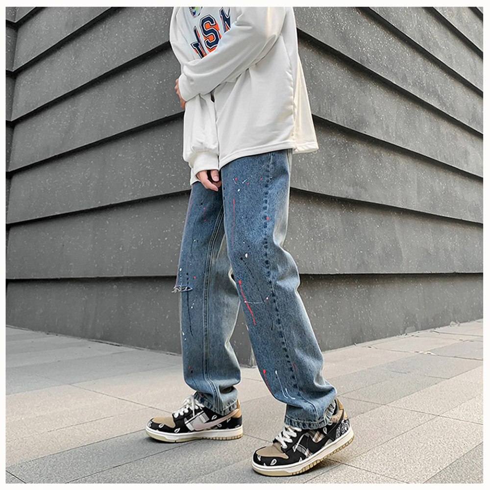 Ripped Jeans Hole Japanese Style Hip Hop High Street Straight Pants Casual Loose Long Trouser Men Chic Clothing