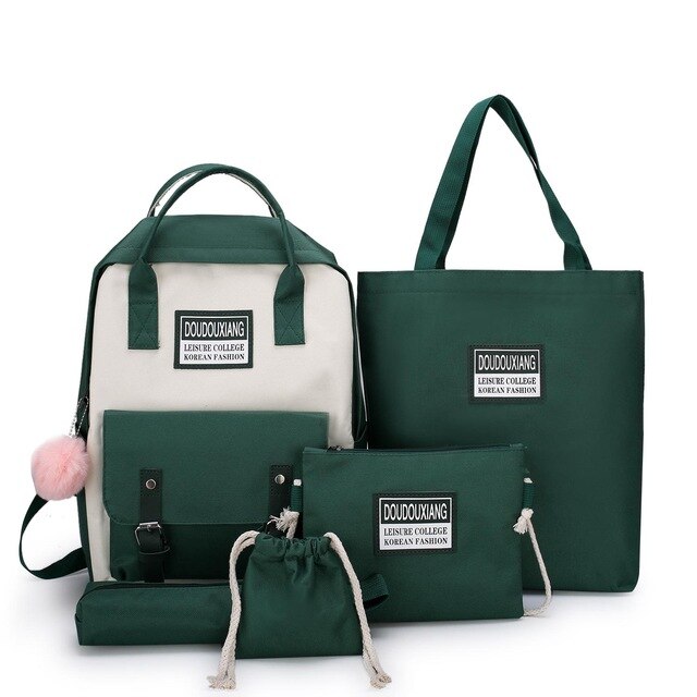 5 Delige Set Mode School Rugzak Tassen Voor Tienermeisjes Canvas Rugzak Vrouwen Bookbags Tiener Student Schooltas: dark green