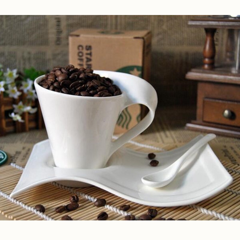 Wave bone china keramische cup witte koffie cappuccino melk thee cup schotel en lepel set