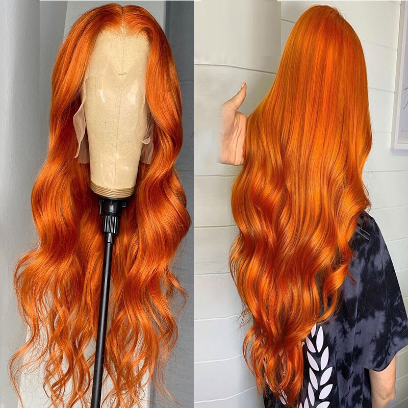 Gember Oranje Gekleurde Body Wave Synthetische Lace Front Pruiken Hoge Temperatuur Fiber Voor Zwarte Vrouwen Met Baby Haar Cosplay Pruik