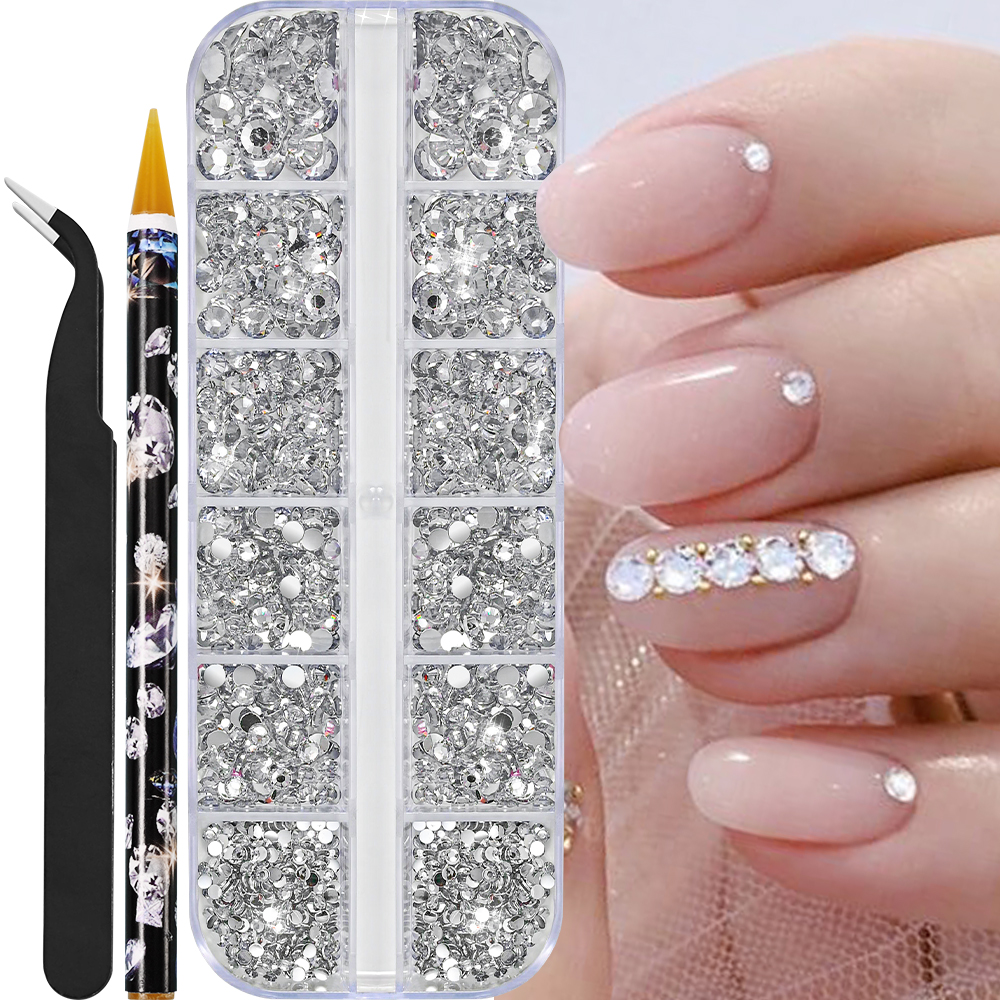 Perles demi-rondes à 12 grilles, breloques 3D pour ongles, 1.5/2/2.5/3/4/5mm, perles blanches à dos plat, bijoux pour ongles, artisanat des ongles, strass: Black