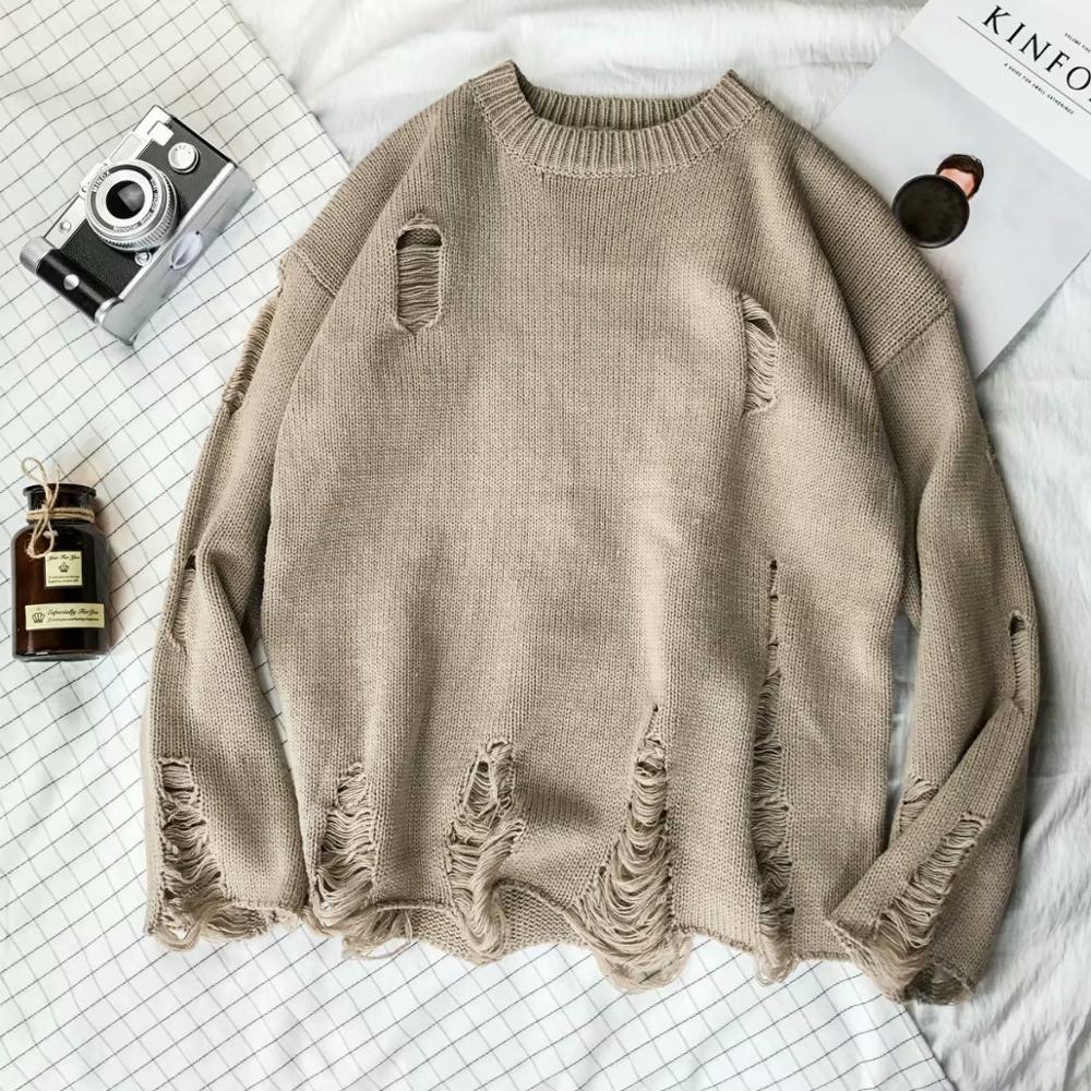 Høstgenser herre solid strikkegenser mannlig kausal revet uthullet gensere streetwear hip hop pullover topper: Khaki / Xl