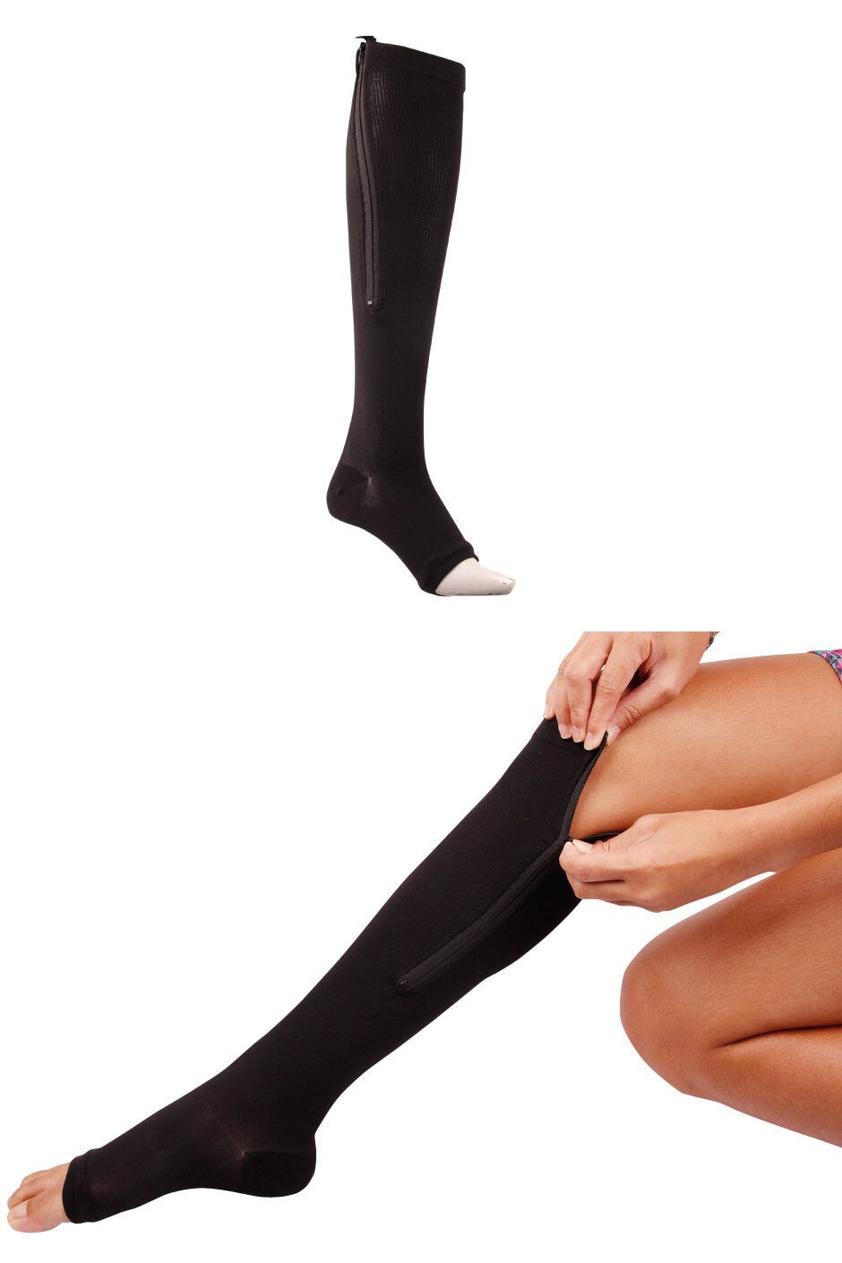 Women Zipper Compression Socks Zip Leg Support Knee Sox Open Toe Sock S/M/XL