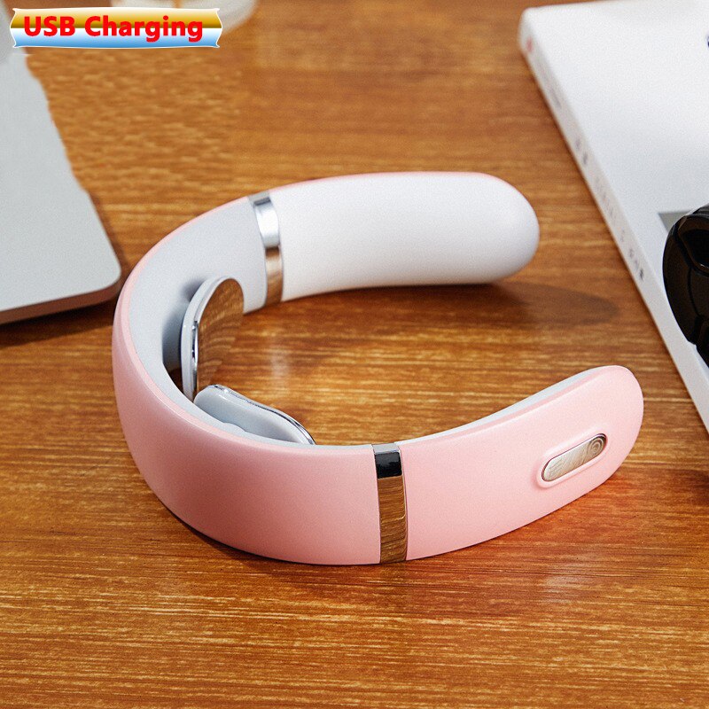 Smart Electric Neck Massager Heating Pulse Cervical Massage Remote Control Voice Broadcast Neck Pain Relief Relaxation Tool: Type 1 pink