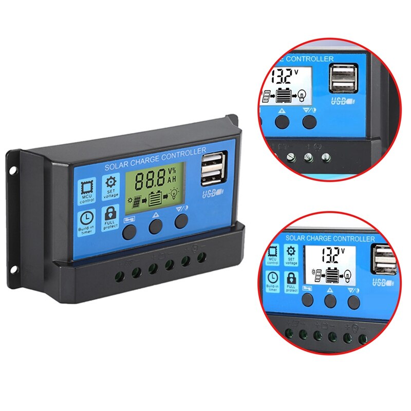 Solar Charge Controller 12V/24V Automatic PWM 5V Output Solar Panel Regulator with Dual USB LCD Displays