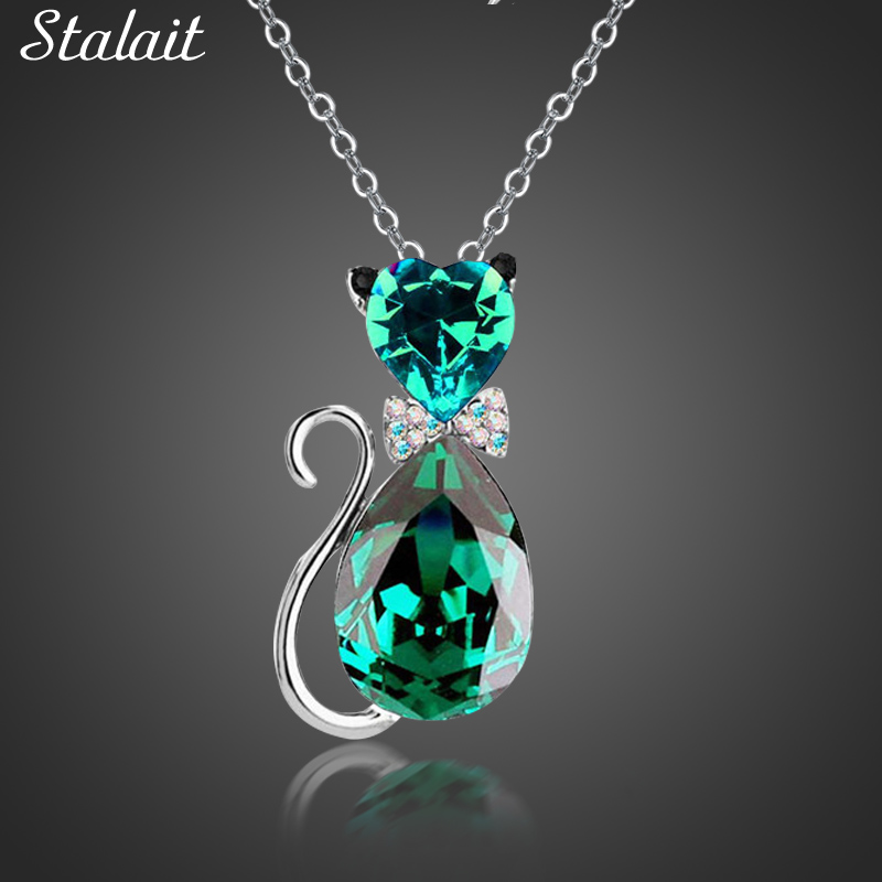 Leuke Kat Hanger Ketting Voor Vrouwen Hart Crystal Sieraden Oostenrijkse Kristal Sleutelbeen Keten Ketting