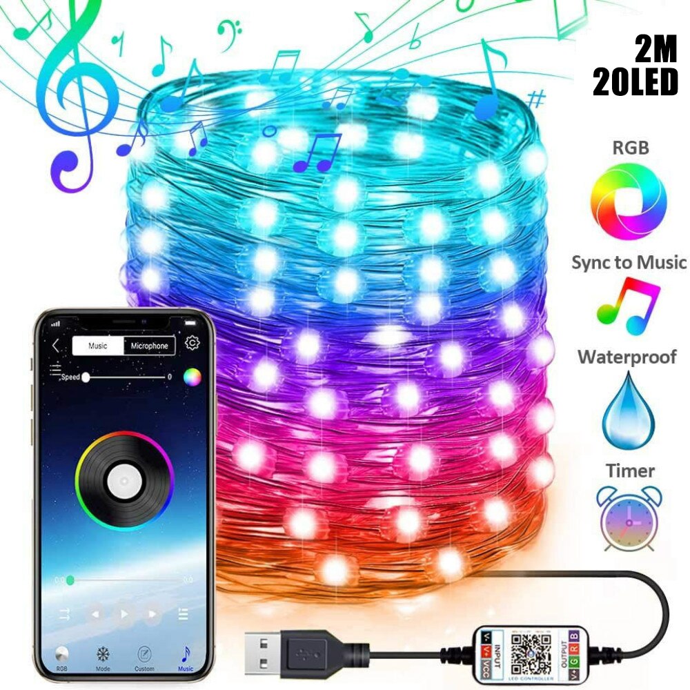 Usb led string ljus bluetooth kontroll gatugirland string lampa vattentät utomhus älvljus för julgransdekoration: 2m 20 ledsnöre