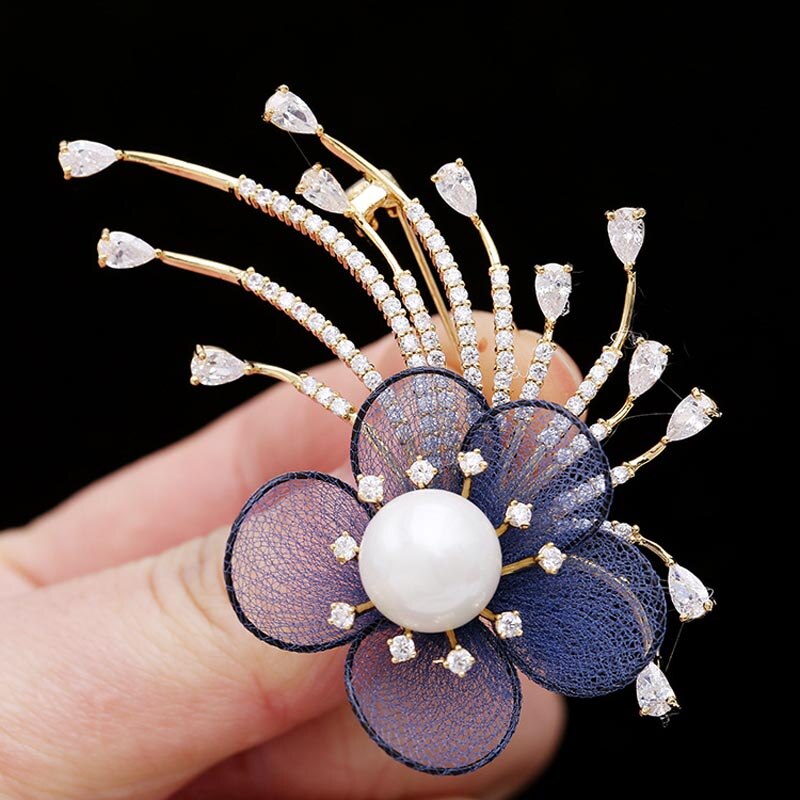 RED TREES Dress Brooch for Women - Plant Shape with Zircon & Pearl - Sterling Silver Alloy