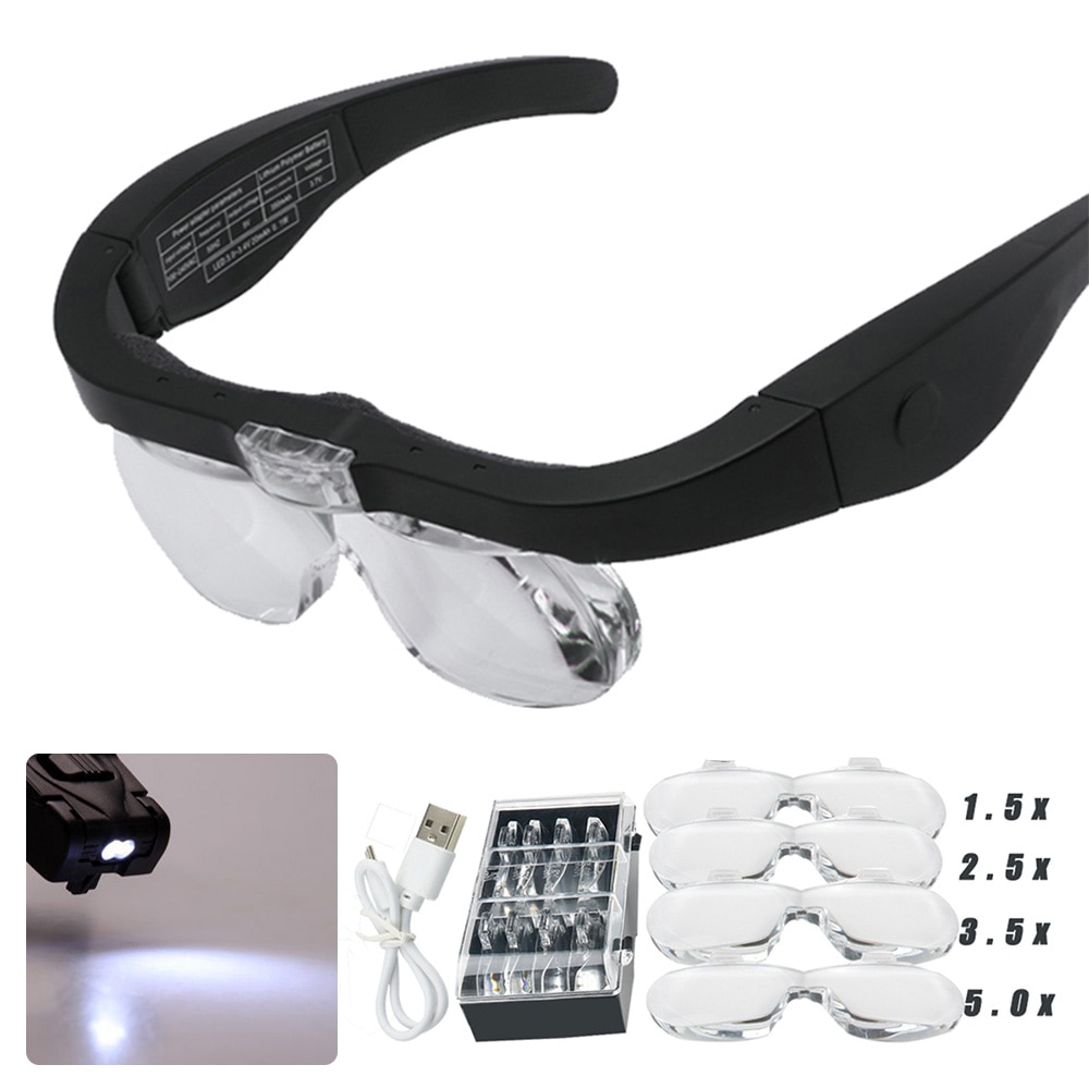 Förstoringsglasögon förstoringsglas 1.5x 2.5x 3.5x 5.0x usb uppladdningsbar med led-ljus för läsning juvelerare urmakare reparation bär