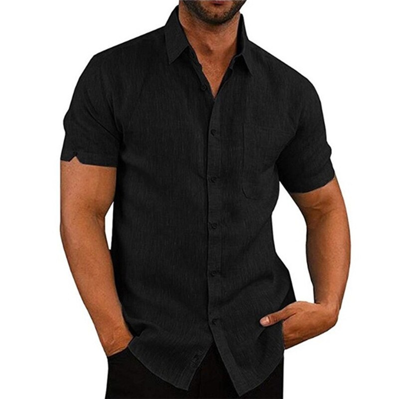 Herenoverhemden blouse korte mouw heren casual slim fit mandarijnkraag overhemden zomer strandoverhemd: Zwart / Xxl