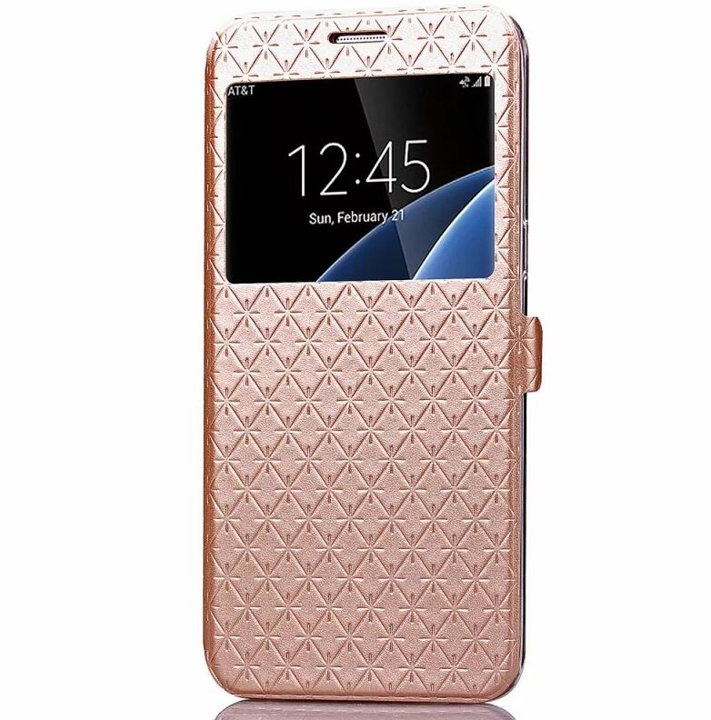 Cover Phone Case For Samsung Galaxy s7 edge SM G9350 Flip PU Leather tpu Shell S7 G9300 Rhombus Holster Bag Window Stand: For Samsung S7 / Gold