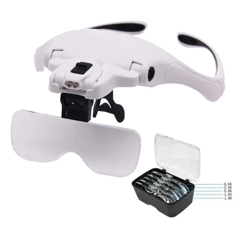 Head-Mounted Magnifier With LED Light 1x-3.5x Lenses For Soldering Jewelry Craft Watch Repair & Microscope-Level Inspection: WHITE