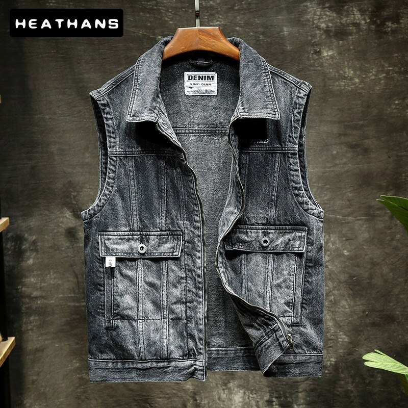 Men's Denim Jacket Vest Streetwear Zipper Jean Tops Waistcoat Harajuku Slim Motorcycle Club Sleeveless Male Jackets