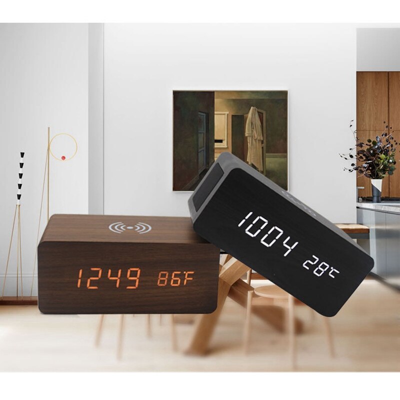 Wood Alarm Clock Bluetooth Speaker Desk USB Digital Clocks LED Wireless Charging Phone Temperature Wooden Table