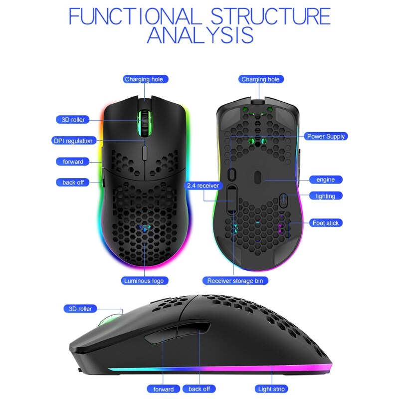 XYH80 Hollow-out Honeycomb 2.4GHz Wireless Gaming Mouse 4 Gear 3200 DPI RGB Lighting Mice for PC Laptop
