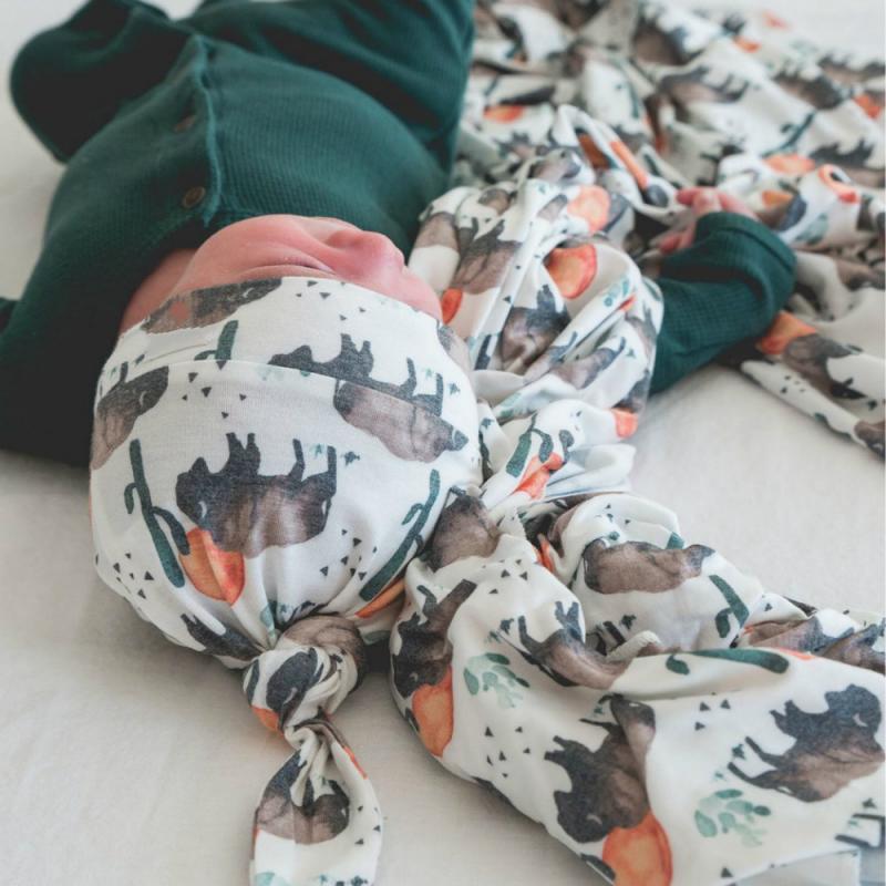 Baby Wraps Cotton Wraps Hat Set Cartoon Flower Printed Cotton Wraps Knotted Tire Cap Two-piece Set Receiving Blankets