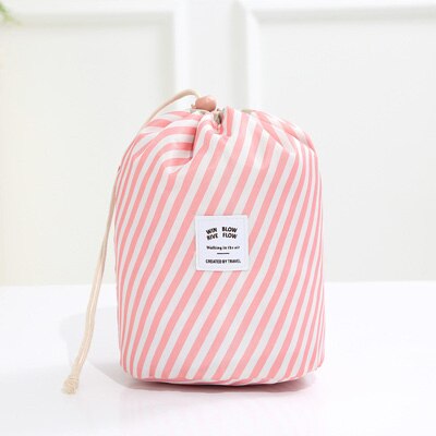 Women's Cosmetic Bag Color Cylinder Drawstring Waterproof Travel Cosmetic Bag Large Capacity Beauty Makeup Storage Toiletry Kit: Powder stripe