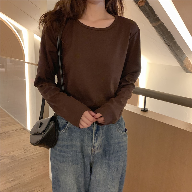 femmes hiver printemps T-shirt solide fond basique à la surdimensionné sauvage hauts doux à manches longues doux décontracté noir