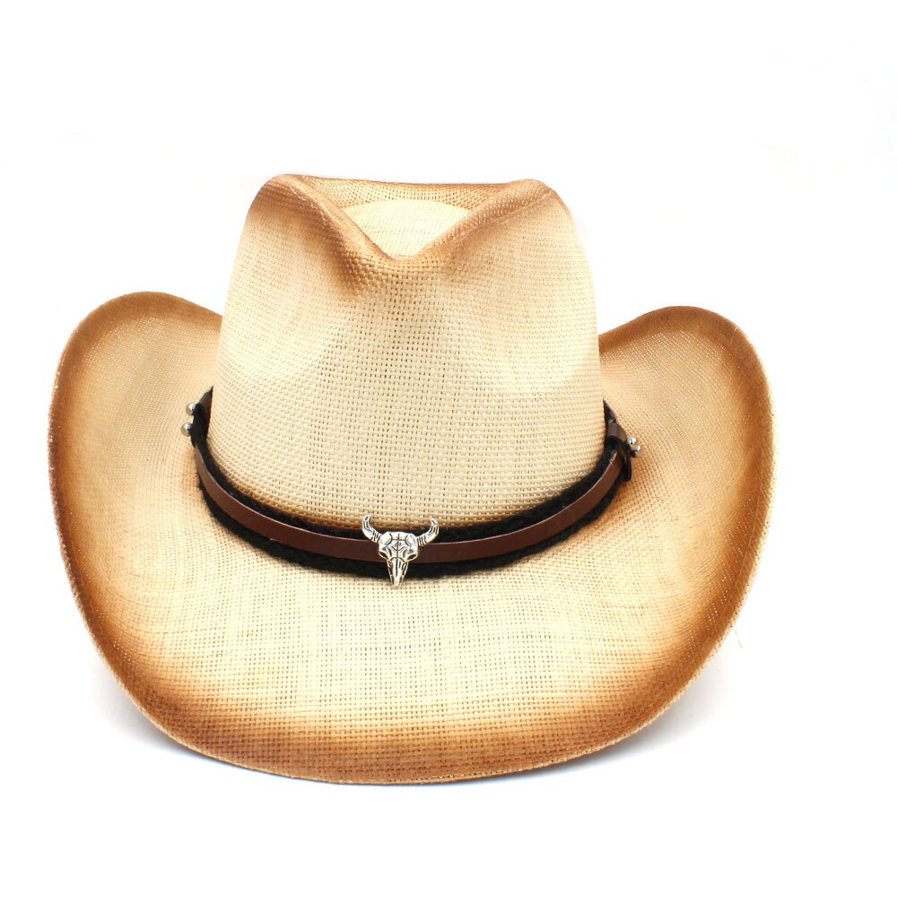 Sombrero vaquero de paja con banda de cuero de para Hombre y mujer, Sombrero occidental, gorros de vaquera, talla 58CM: C7-BCS