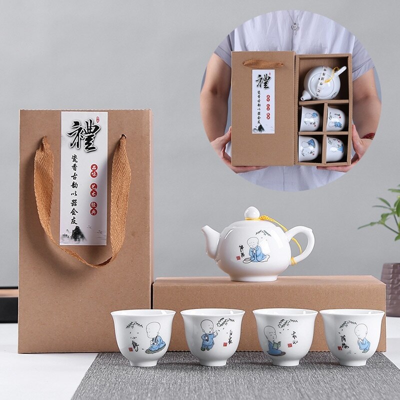 Kung Fu Thee Set Gratis Little Monk Cup High-End Thee Set Geschenkdoos Keramische Blauw Witte Kom Thee pot Set