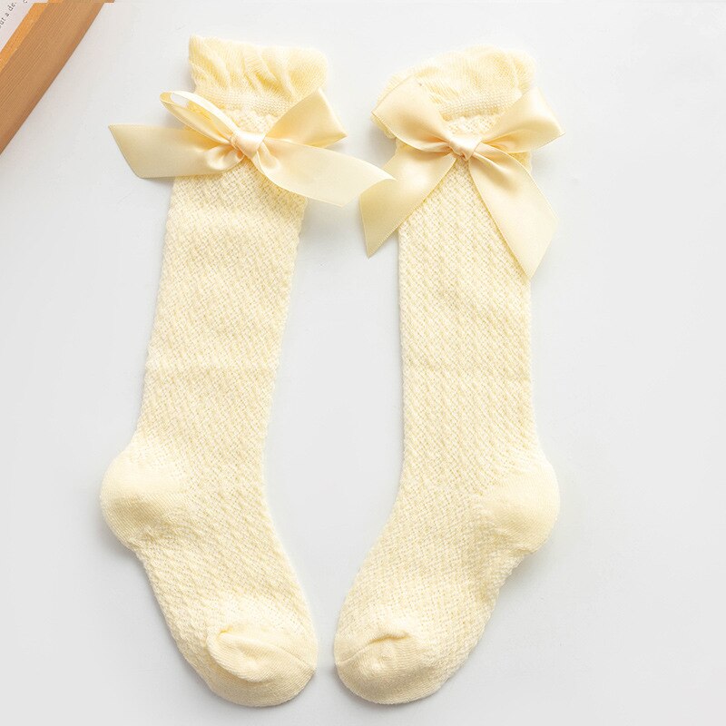 Kinderen Kousen Mesh Ademend Over De Knie Baby Mesh Kousen Kids Boog Mesh Knie Sokken Zomer Dunne Meisje Been warmers: Yellow Bow Mesh sock