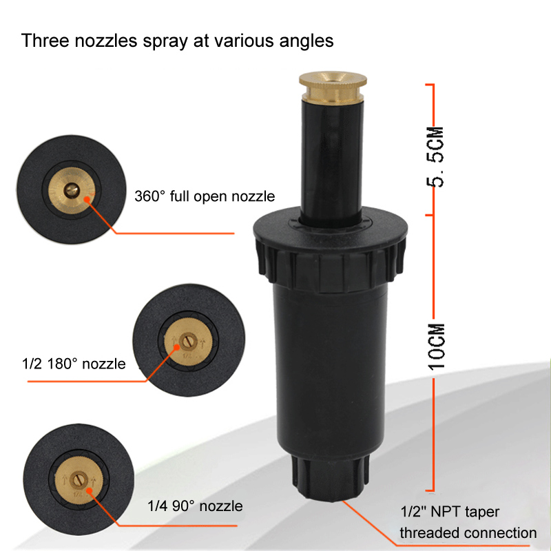 Aspersores de riego ajustables de hilo femenino de 1/2 ", Expansión automática de césped de plástico, 1 Uds., 90, 180, 360 grados