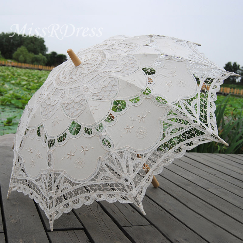 MissRDress Baumwolle Stickerei Braut Regenschirm Weiß Battenburg Spitze Regenschirm Jahrgang Regenschirm Für Hochzeit Zubehör JKs2