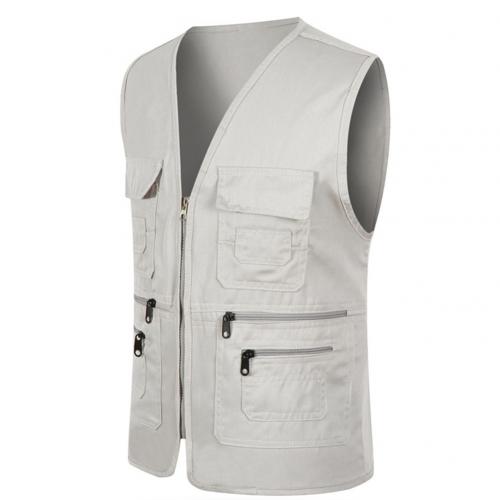 Unisex Multi-Pocket Solid Color Waistcoat Work Fishing Photography Vest Jacket: Light Gray