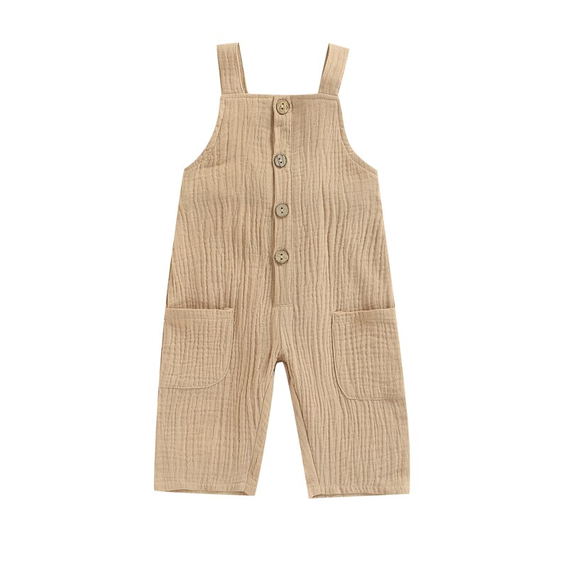 Katoen Linnen Casual Solid Kinderen Jumpsuit Peuter Vierkante Kraag Mouwloze Button-Down Jarretel Broek Voor Meisjes Jongens: Khaki / 3T