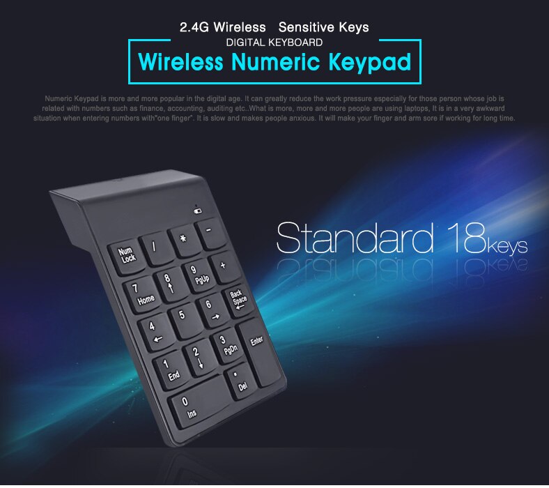 Pour la comptabilité caissier ordinateur portable tablettes petite taille 2.4GHz sans fil numérique pavé numérique 18 touches clavier numérique