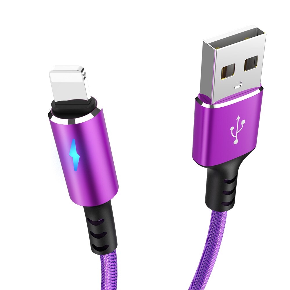 2.4a led cabo de carga rápida para iphone 6 6s 7 8 plus 11 12 pro x xs 5 5S se origem cabo de dados do telefone móvel fio 0.25/1.2/2m: ROXO / 25CM