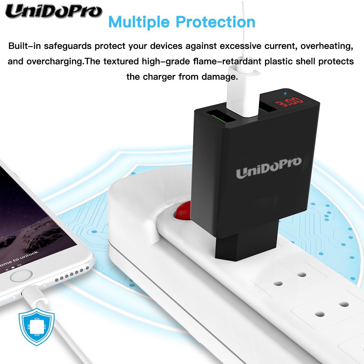 Unidopro 3- -poorts usb eu-stekker ac-wandlader voor samsung galaxy tab j, j max, tab a nook 2.4a reislader met led-scherm