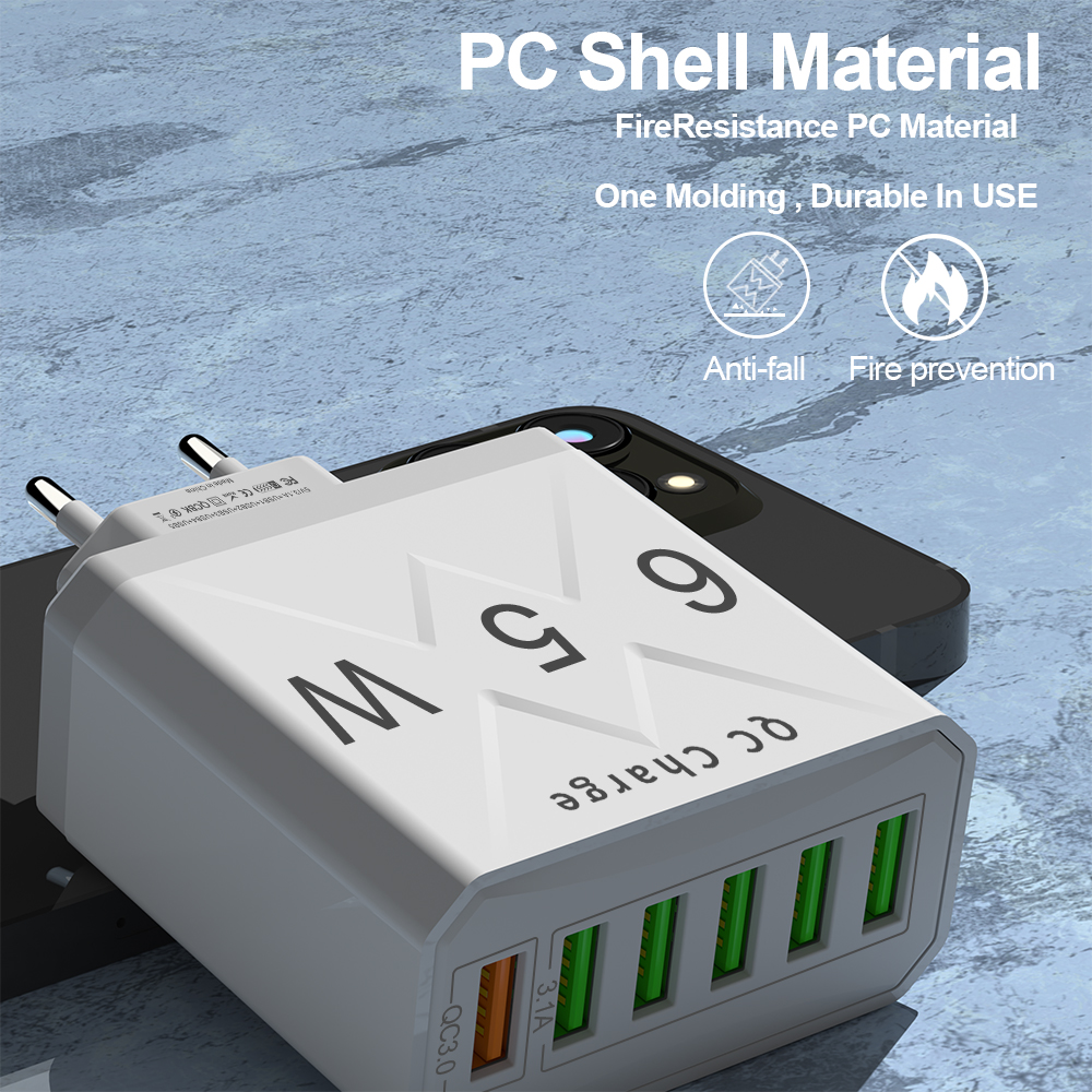 6 in 1 snel opladen totaal 65W muurreisladeradapter Quick Charge 3.0 voor iPhone Huawei Xiaomi multi-oplader US EU KR-stekker