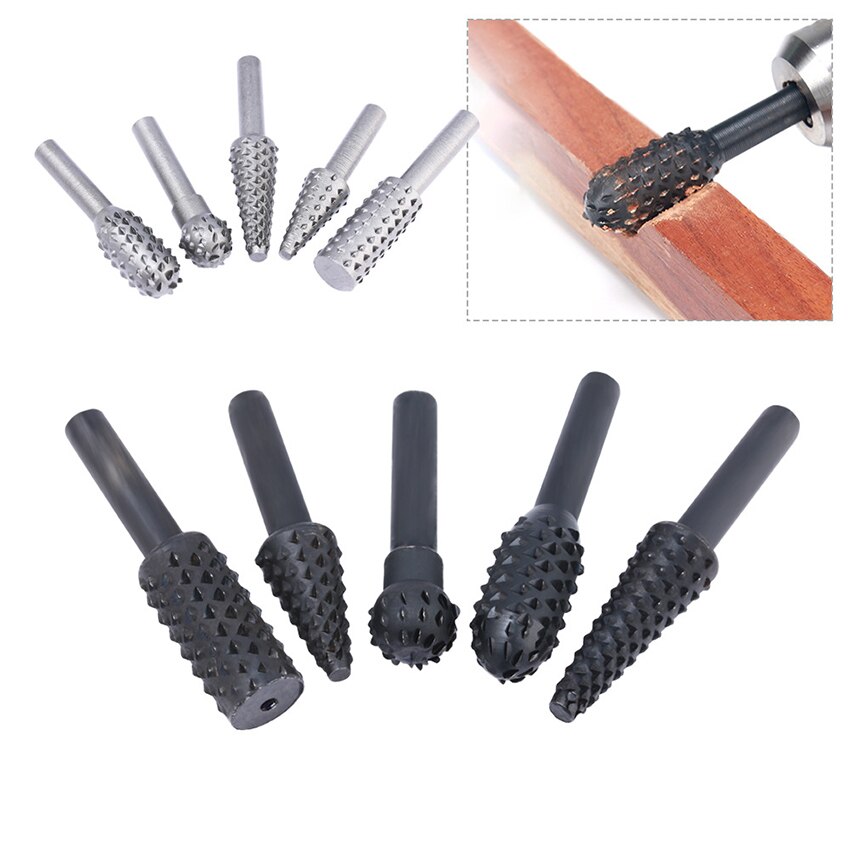 5Pcs/set Carbon Steel Rasp File Drill Bits Set, Woodworking Carving Grinder Drill Rasp Tool, 1/4" Round Rotary Files Set