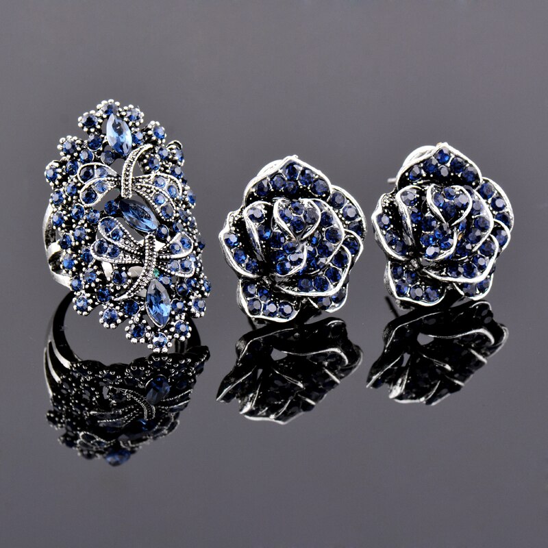 SINLEERY Shiny Blue Crystal Dragonfly Rings And Flower Earrings Jewelry Set For Women Wedding Party TZ062 SSG: 8