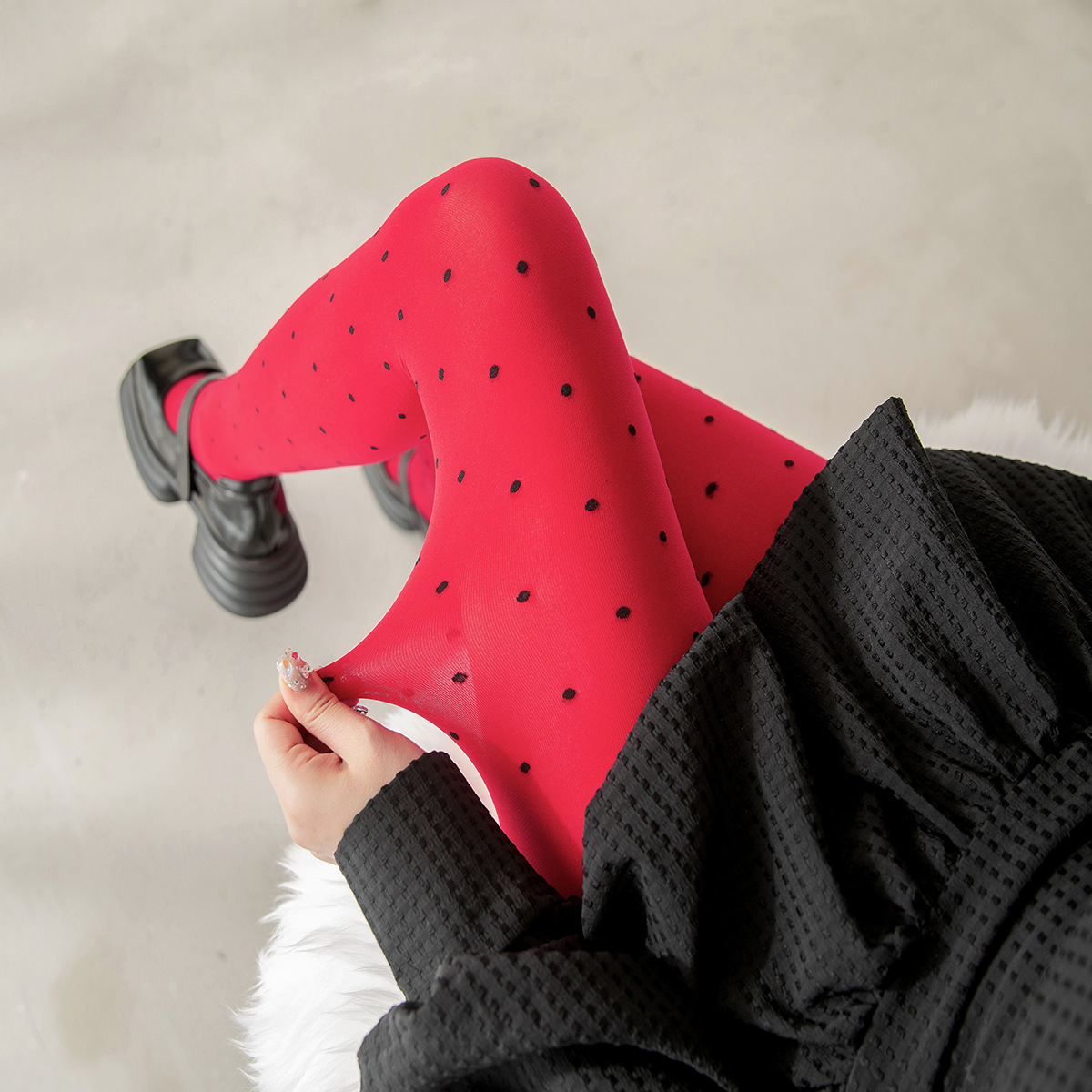 Damen-strumpfhose mit Polka-Punkte, lolita-herzmuster, weinrot, jk Süss lang socken, samt, elastisch, bequem: Beige