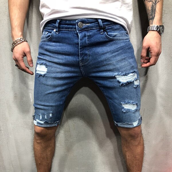 Mænds revet hul denim shorts skinny blyant korte jeans plus størrelse 3xl knæ længde bukser mand blå kausal slim fit shorts