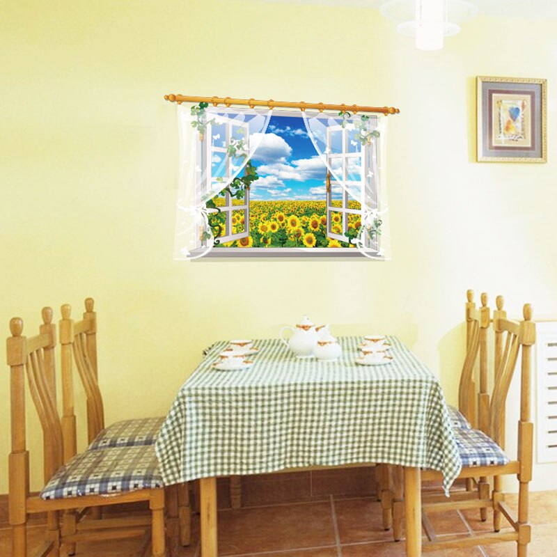 90x60cm 3D Sonnenblume Fenster Zauberstab Aufkleber Sonne Blumen Landschaft Heimat Dekor Wohnzimmer Kunst Decals entfernbar Tapete dekoration